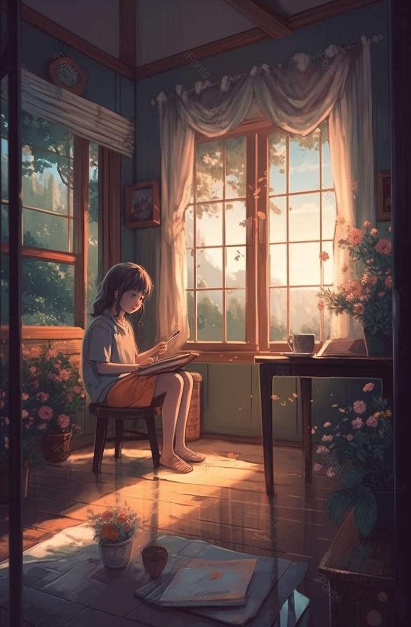 光照在女孩脸上书桌写信插画背景图,插画/手绘图,插画/手绘图库,插画/手绘图下载,插画/手绘